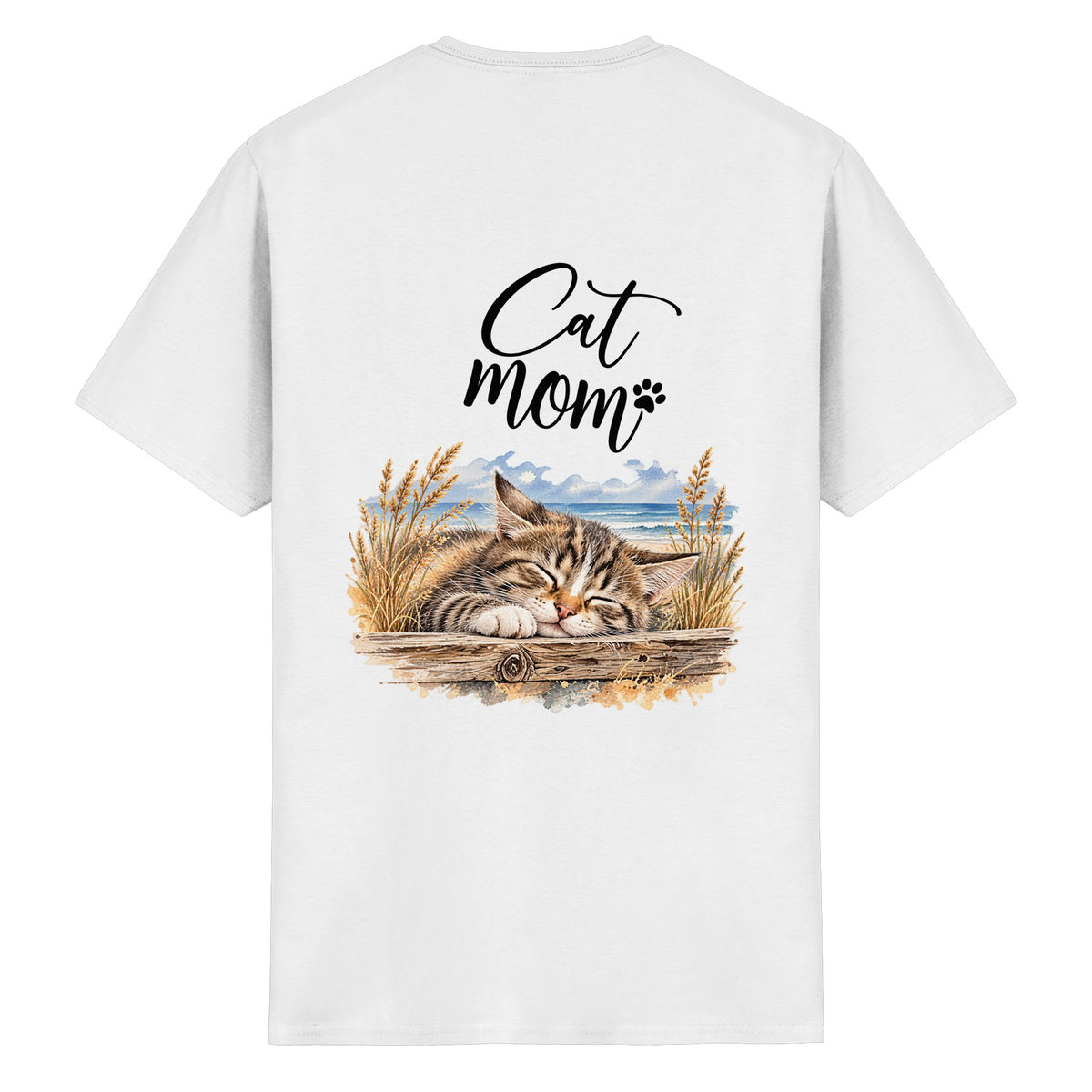 Cat Mom Heavy-Cotton-T-Shirt in White – Originalansicht mit schlafender Katze und Küstenmotiv als Rückenprint.