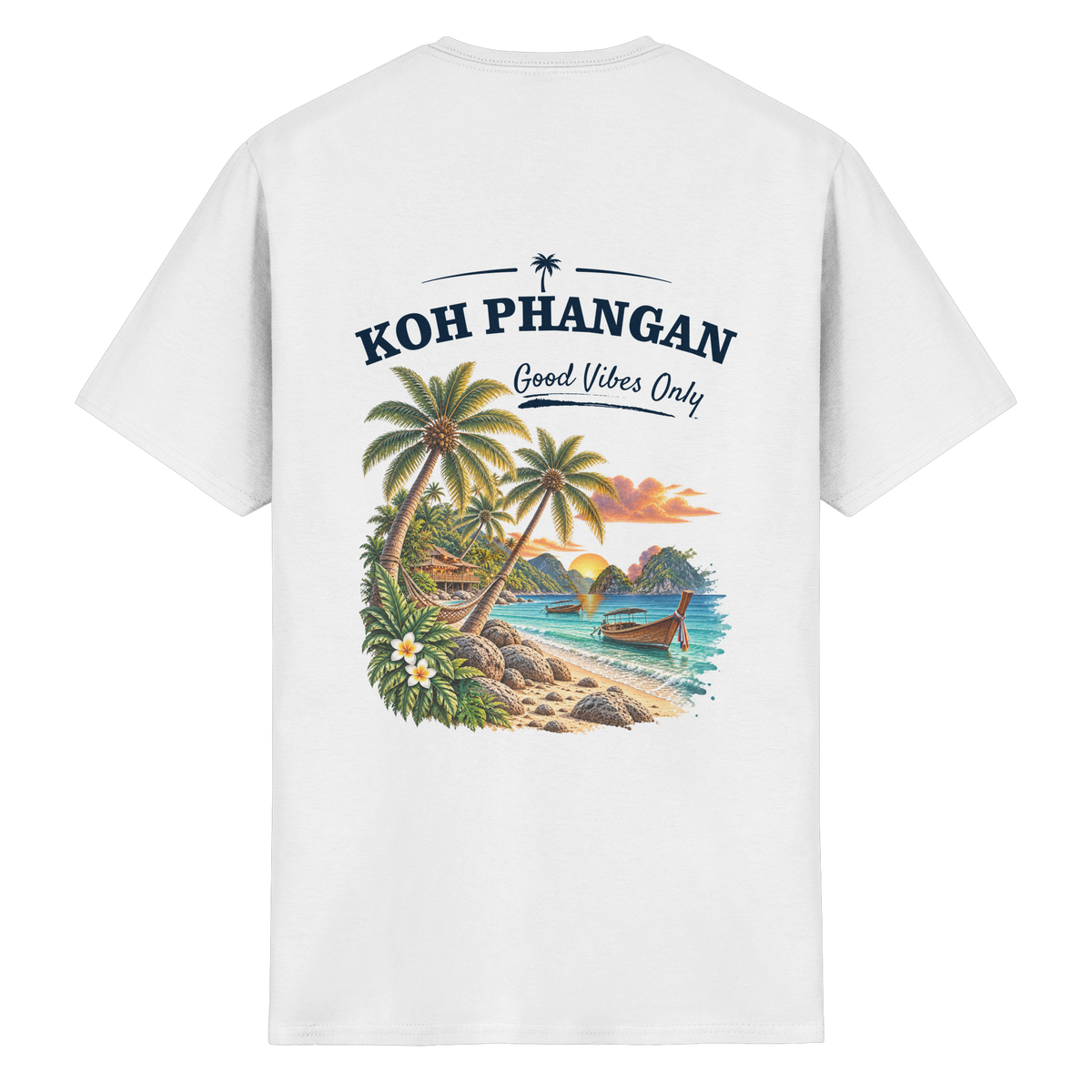 Koh Phangan Good Vibes Only – Essential T-Shirt – Backprint – Original-Mockup heavy cotton t shirt white mit Rückenmotiv