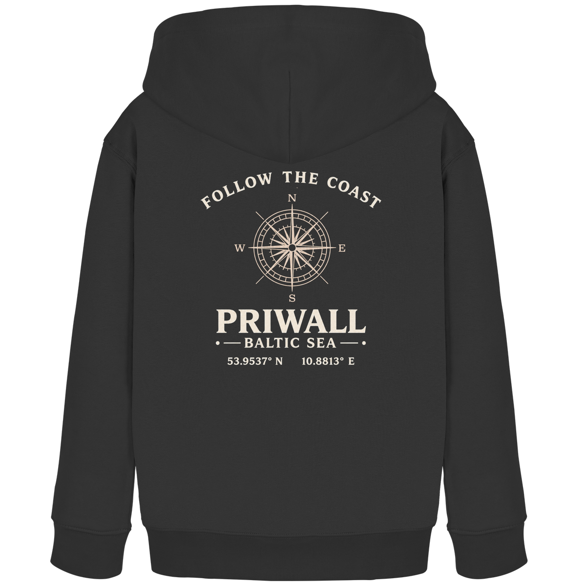 Schwarzer Priwall Follow the Coast Kinder-Bio-Hoodie mit maritimem Rückenmotiv