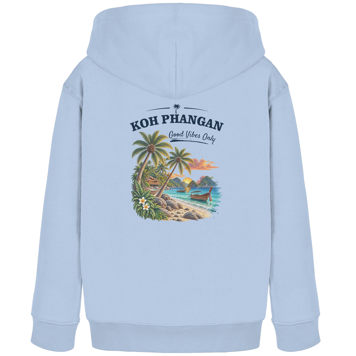 Koh Phangan Good Vibes Only – Kinder Bio Hoodie – Backprint – Original-Mockup kids organic hoodie blue soul mit Rückenmotiv