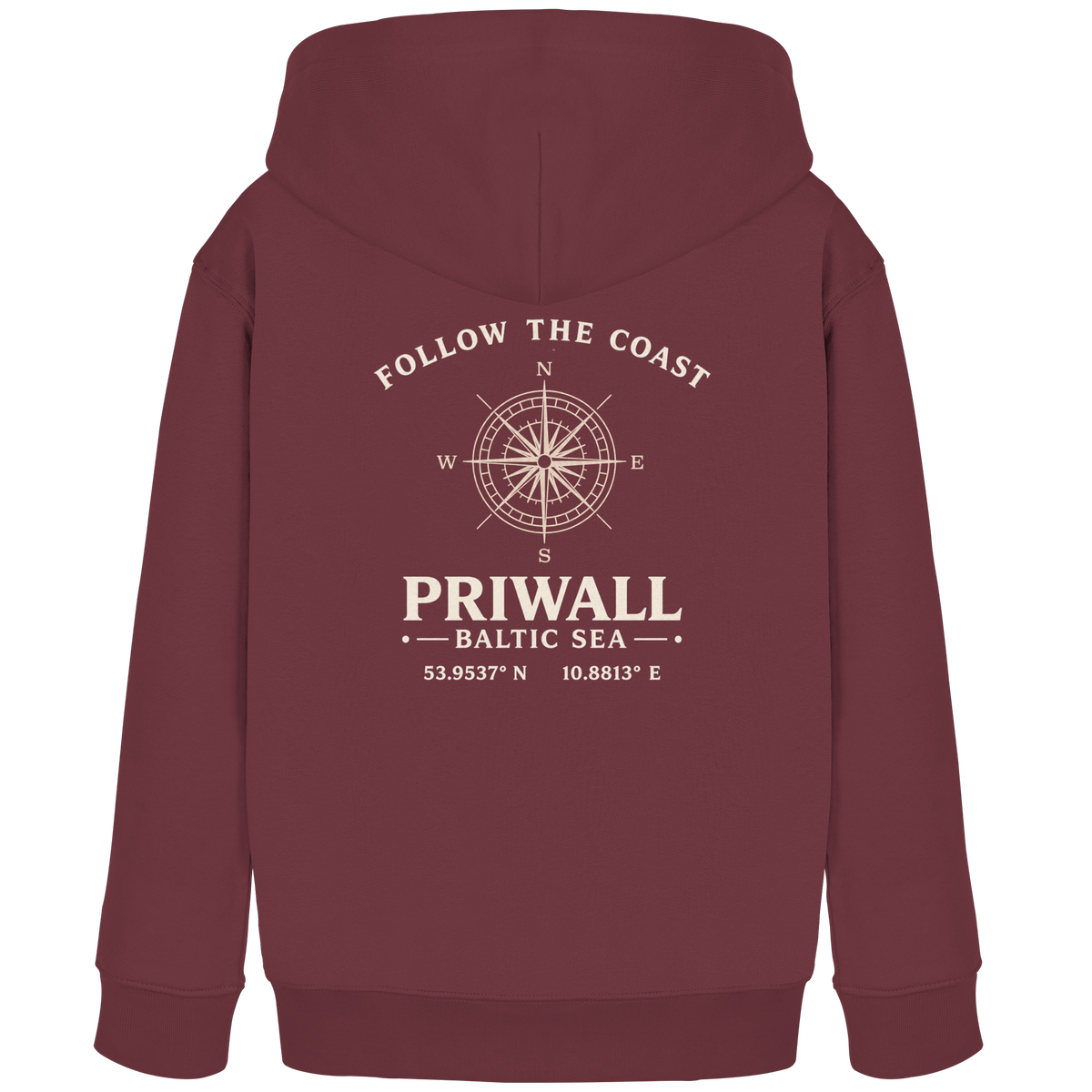Burgundy Priwall Follow the Coast Kinder-Bio-Hoodie mit Kompassrose auf dem Rücken