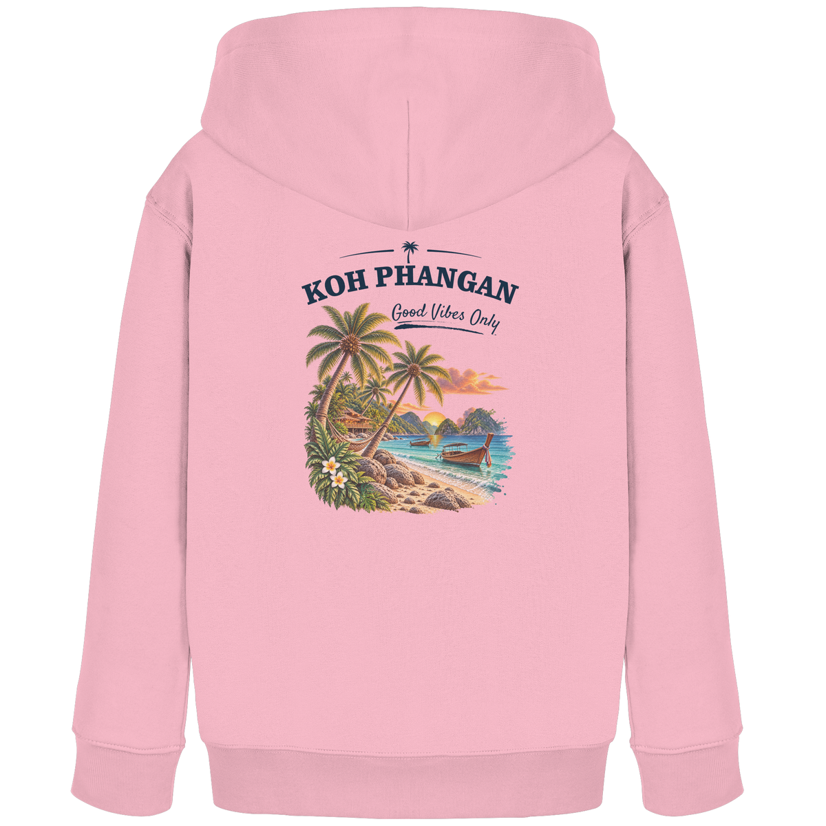 Koh Phangan Good Vibes Only – Kinder Bio Hoodie – Backprint – Original-Mockup kids organic hoodie cotton pink mit Rückenmotiv