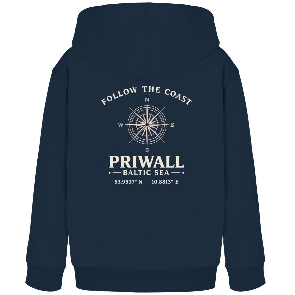 Dunkelblauer Priwall Follow the Coast Kinder-Bio-Hoodie mit Rückenprint
