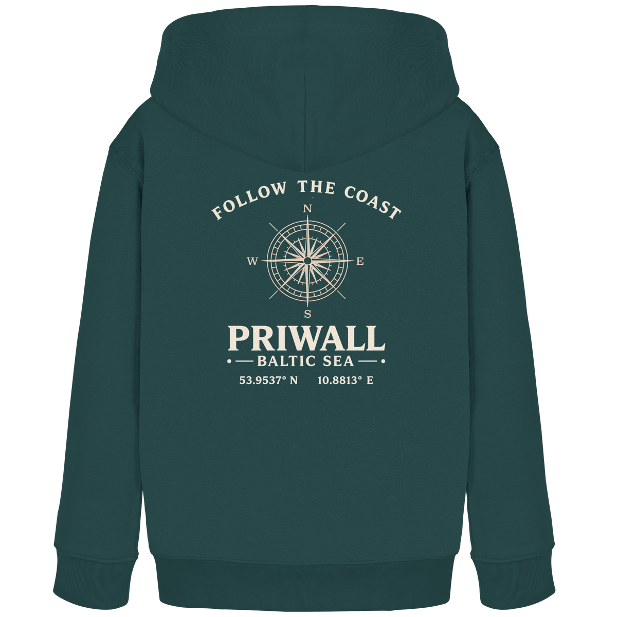 Dunkelgrüner Priwall Follow the Coast Kinder-Bio-Hoodie mit Kompassmotiv
