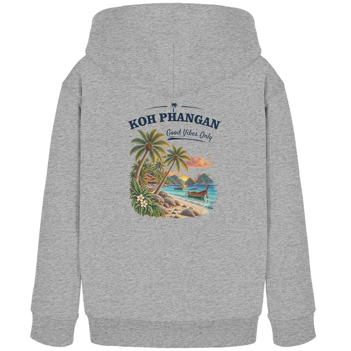 Koh Phangan Good Vibes Only – Kinder Bio Hoodie – Backprint – Original-Mockup kids organic hoodie heather grey mit Rückenmotiv