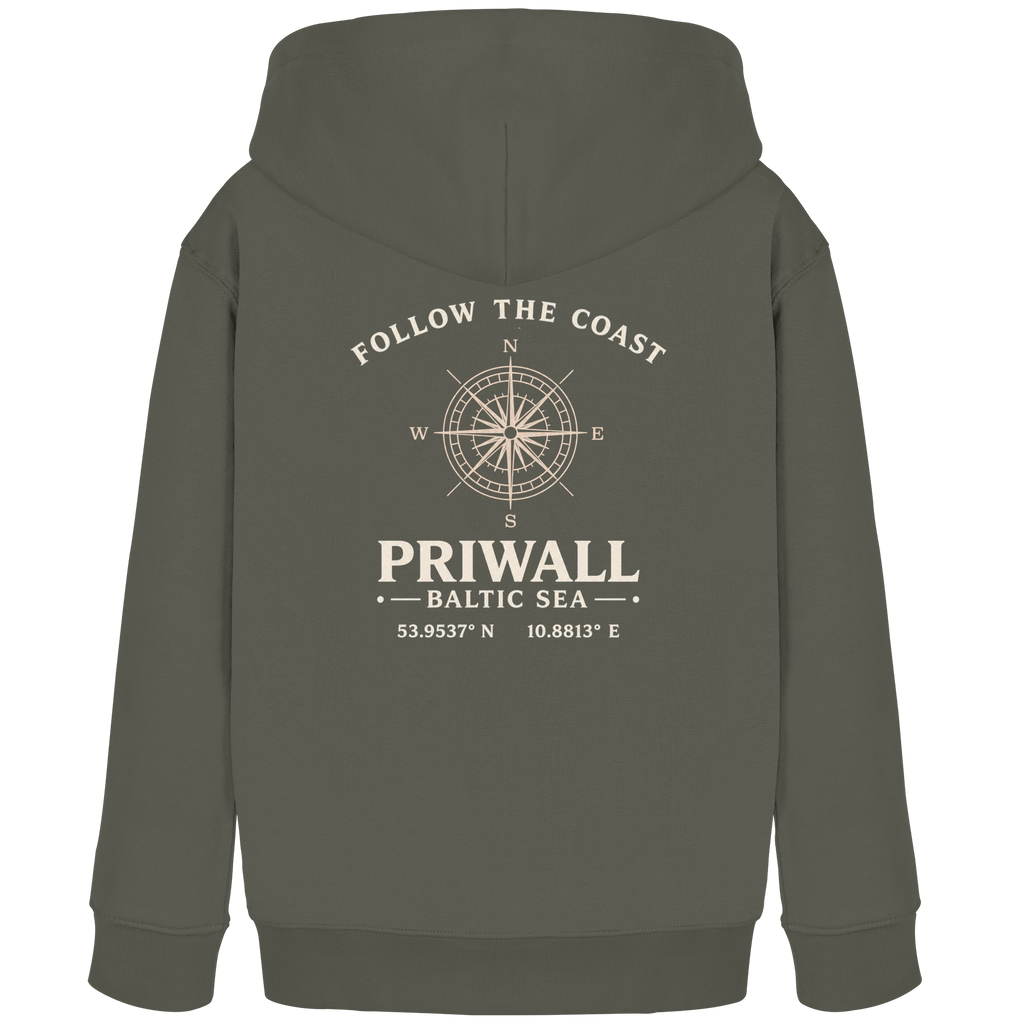 Khakifarbener Priwall Follow the Coast Kinder-Bio-Hoodie mit Kompass-Rückenprint
