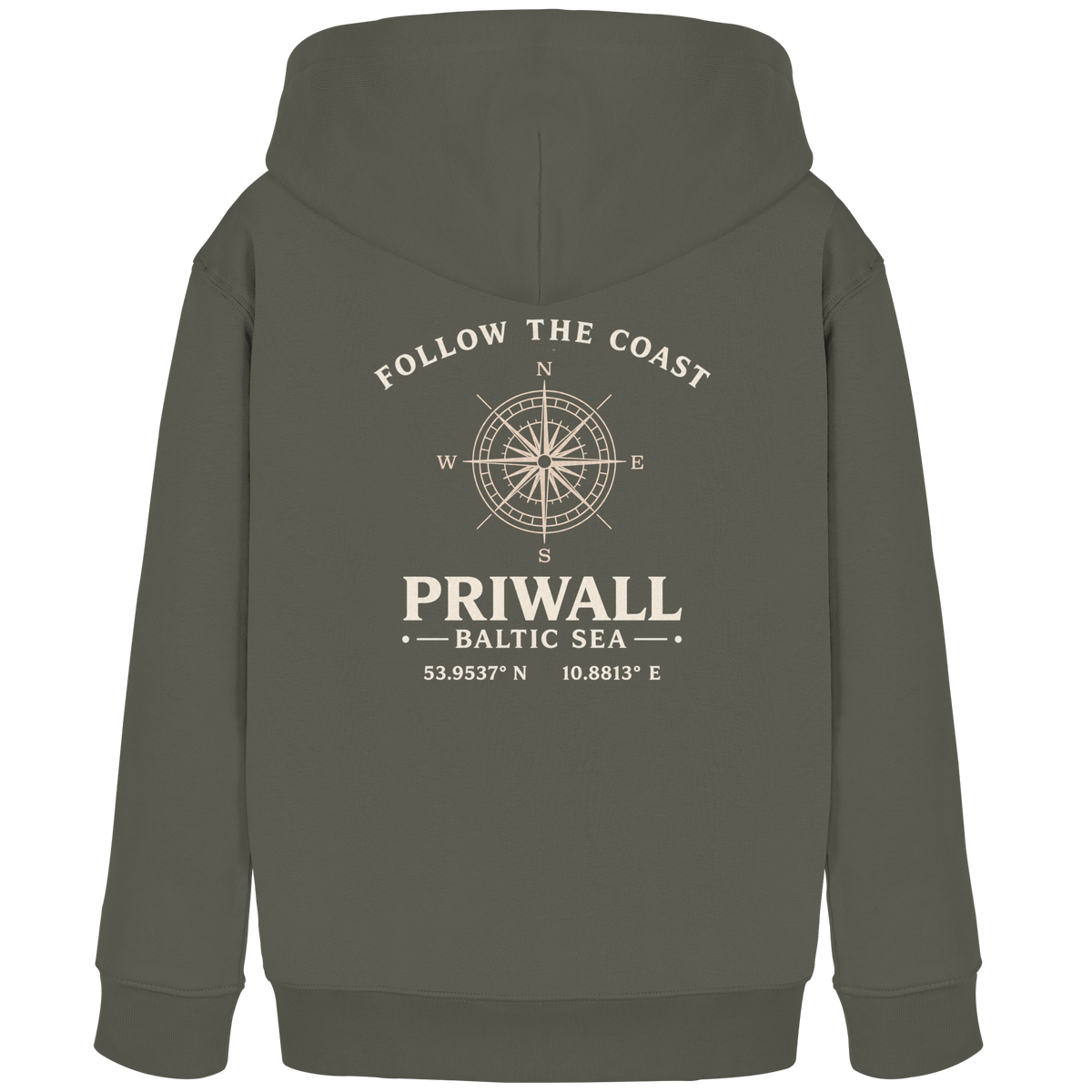 Khakifarbener Priwall Follow the Coast Kinder-Bio-Hoodie mit Kompass-Rückenprint