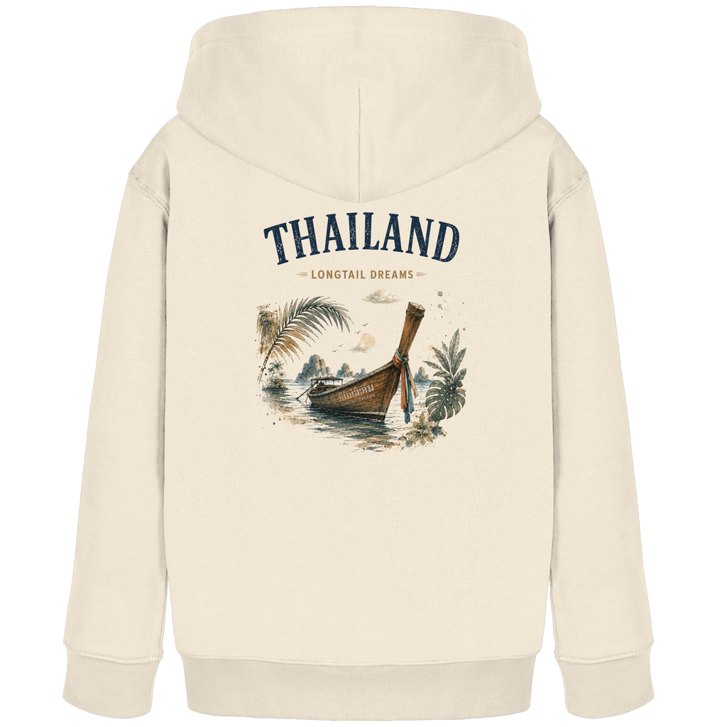 Naturfarbener Kinder Bio-Hoodie mit Thailand Longtail Dreams Rückendruck