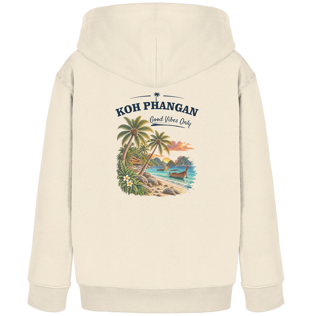 Koh Phangan Good Vibes Only – Kinder Bio Hoodie – Backprint – Original-Mockup kids organic hoodie natural raw mit Rückenmotiv