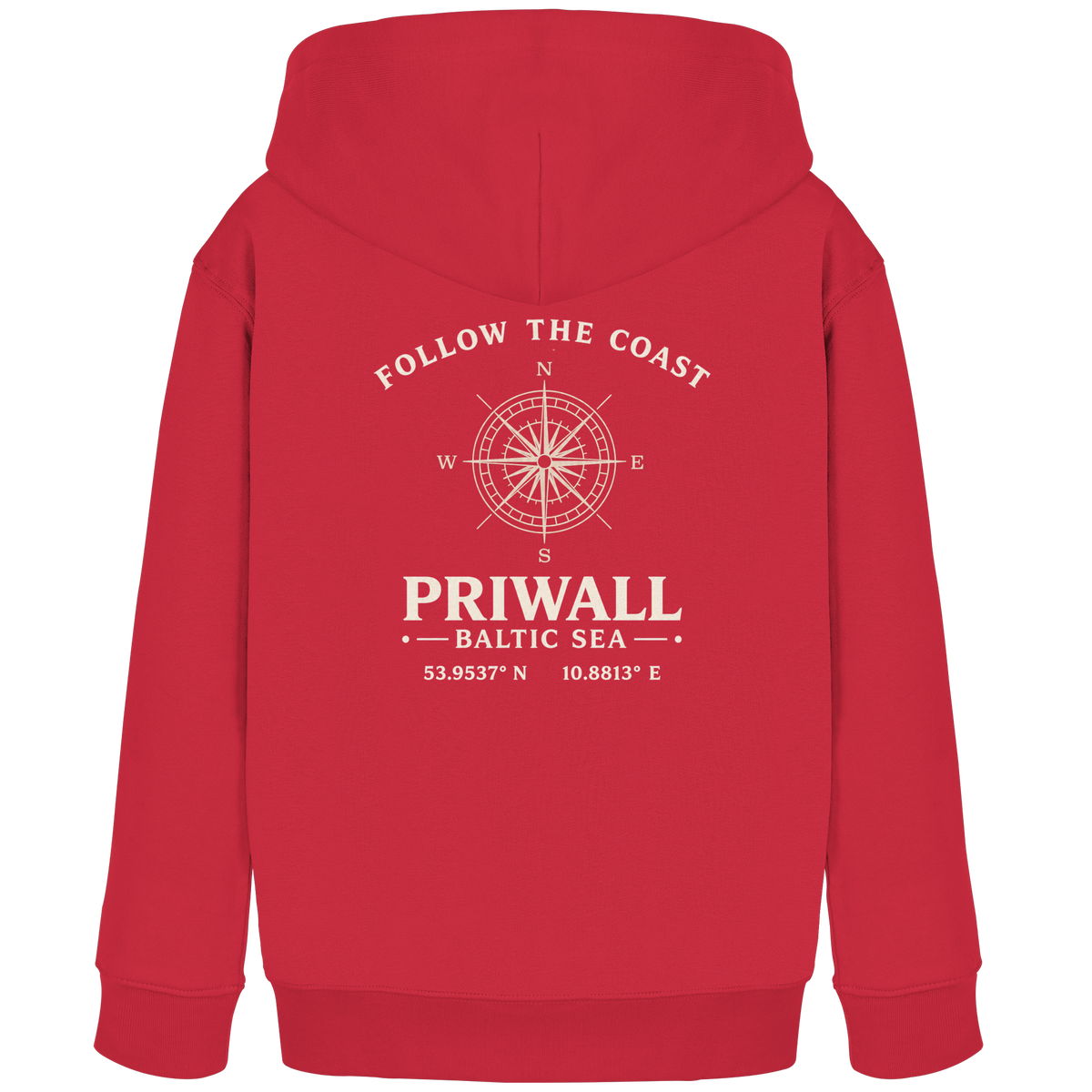 Roter Priwall Follow the Coast Kinder-Bio-Hoodie mit Kompass-Rückenprint