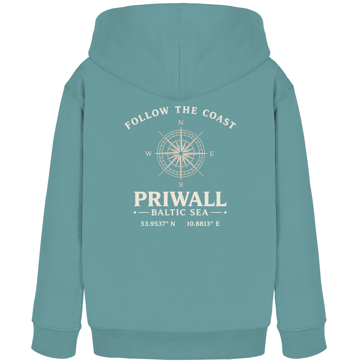 Teal-Monstera Priwall Follow the Coast Kinder-Bio-Hoodie mit Rückenmotiv