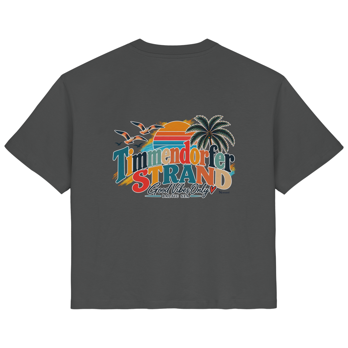 Damen-Bio-T-Shirt in Anthracite, Rückansicht mit Timmendorfer-Strand-Good-Vibes-Only-Rückenprint.