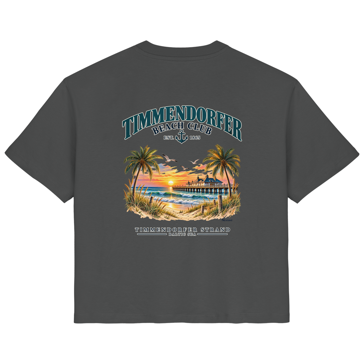 Original-/Katalogmockup: Damen Bio-T-Shirt in Anthracite, Rückansicht mit Timmendorfer-Beach-Club-Rückendruck.
