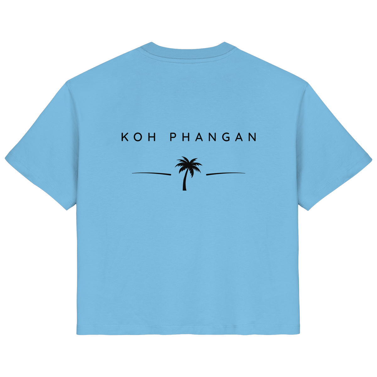 Original-Mockup des Damen Bio T-Shirt in Aqua Blue mit Koh-Phangan-Minimal-Backprint