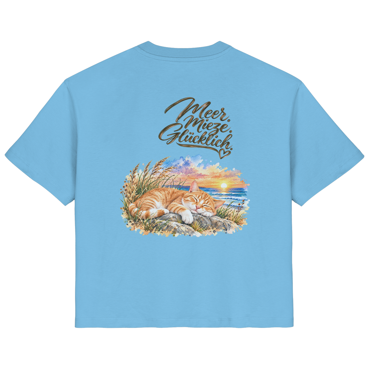 Damen Bio-T-Shirt in Aqua Blue mit „Meer. Mieze. Glücklich.“ als Backprint – Rückansicht im Original-Mockup.