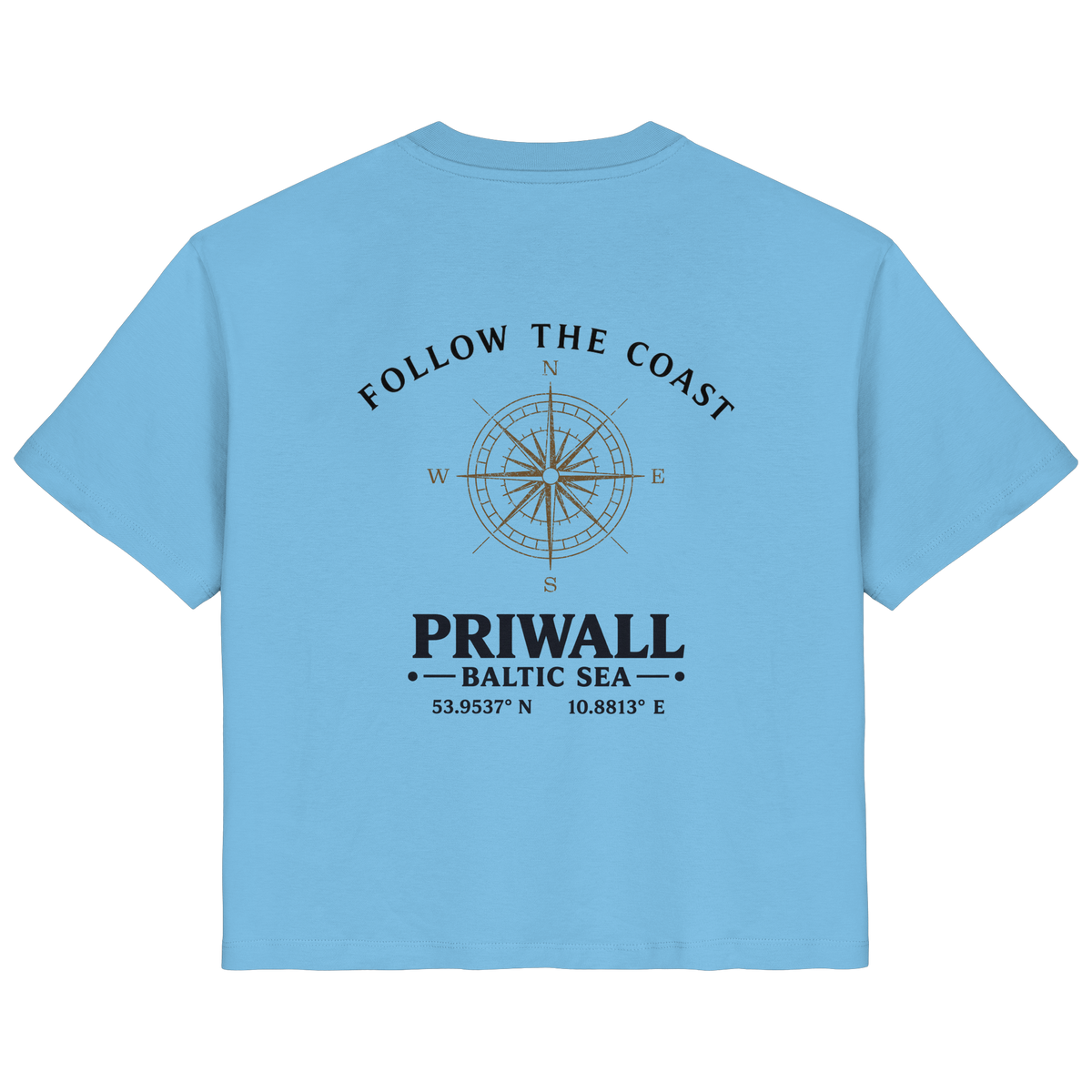 Rückansicht des Damen Bio T-Shirt in Aqua Blue mit hellem Priwall Follow the Coast Backprint
