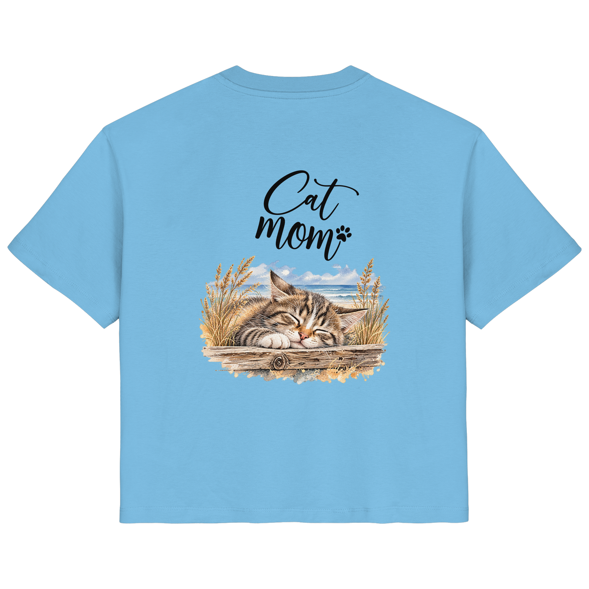 Cat Mom Damen Bio-T-Shirt in Aqua Blue – Original-Mockup mit Katzen-Küstenmotiv und Schriftzug als Rückenprint.