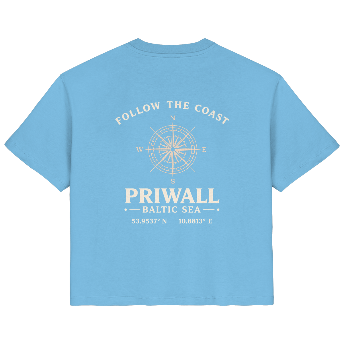 Rückansicht des Damen Bio T-Shirt in Aqua Blue mit dunklem Priwall Follow the Coast Backprint