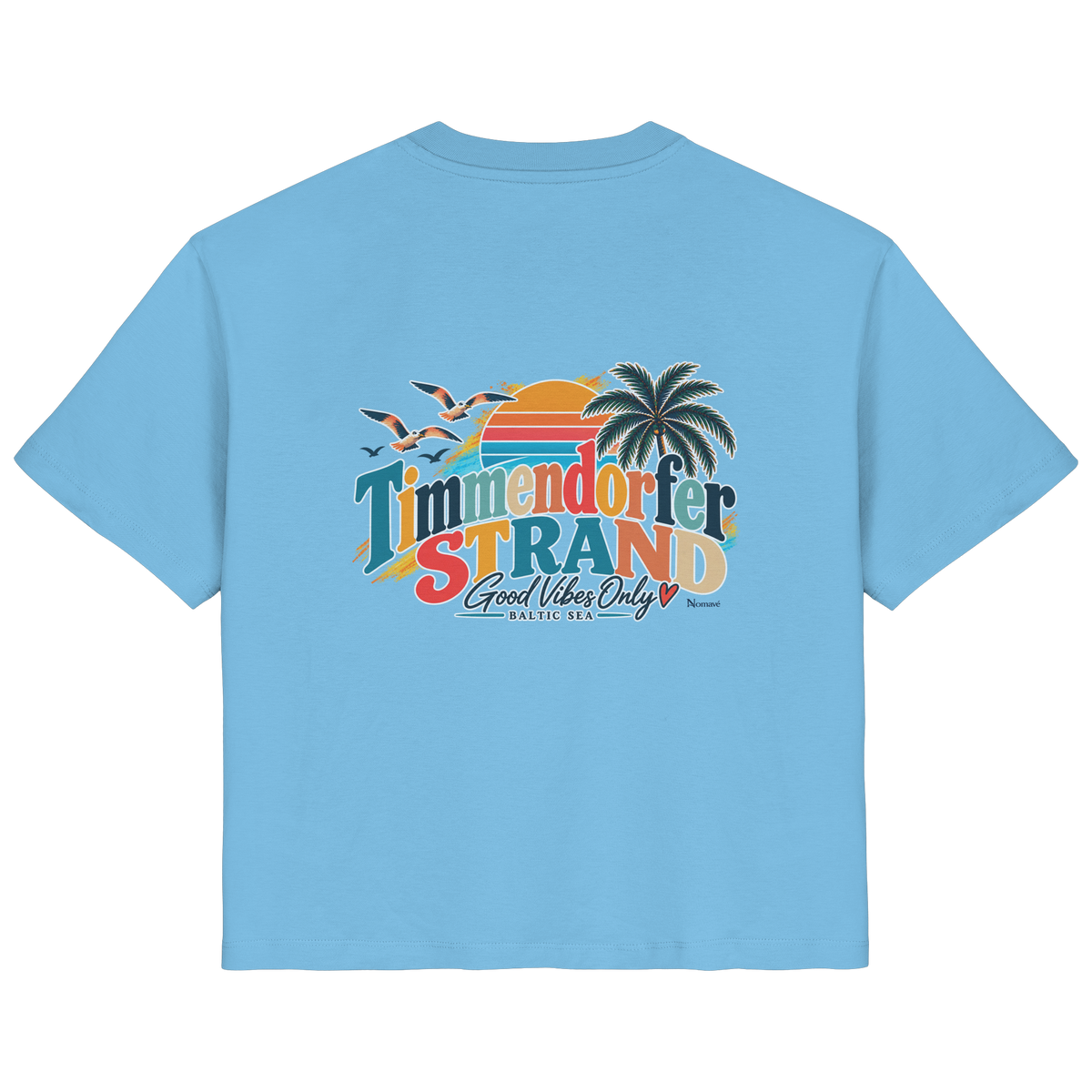 Damen-Bio-T-Shirt in Aqua Blue, Rückansicht mit Timmendorfer-Strand-Good-Vibes-Only-Rückenprint.