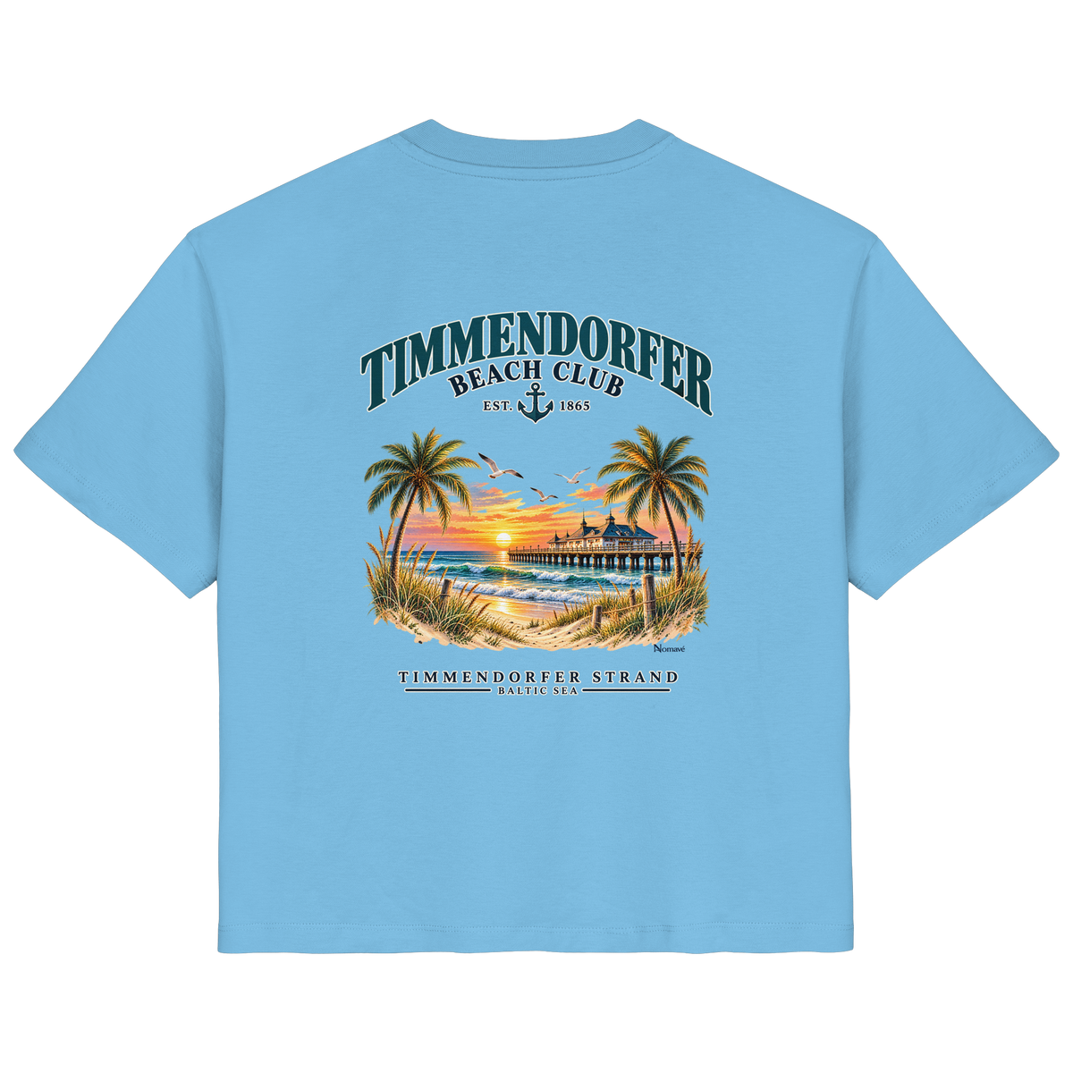 Original-/Katalogmockup: Damen Bio-T-Shirt in Aqua Blue, Rückansicht mit Timmendorfer-Beach-Club-Rückendruck.