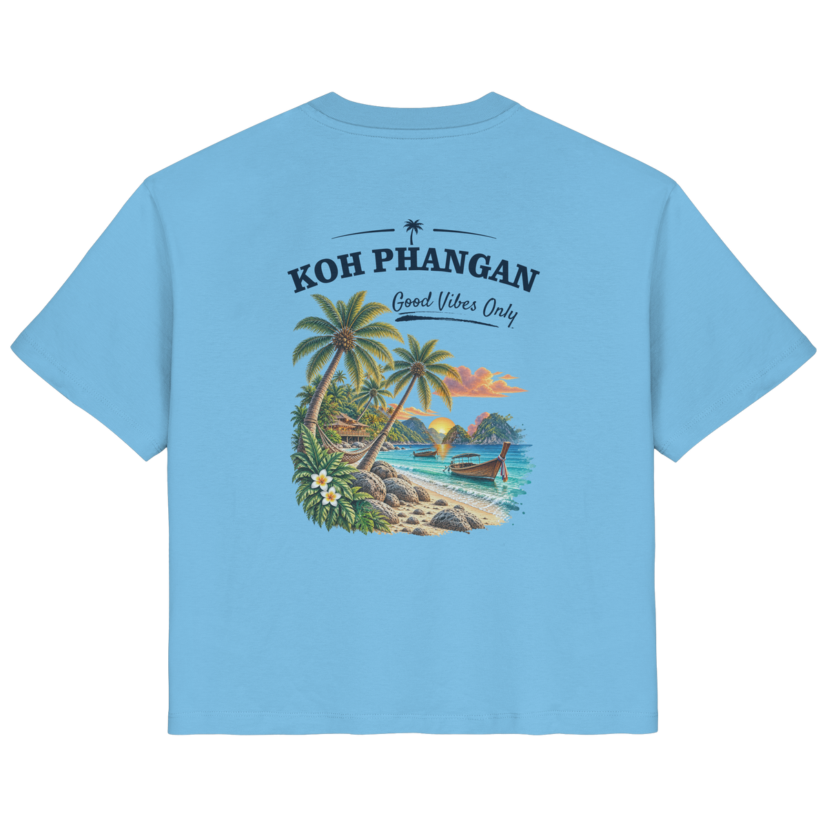 Koh Phangan Good Vibes Only – Damen Bio T-Shirt – Backprint – Original-Mockup ladies organic shirt aqua blue mit Rückenmotiv