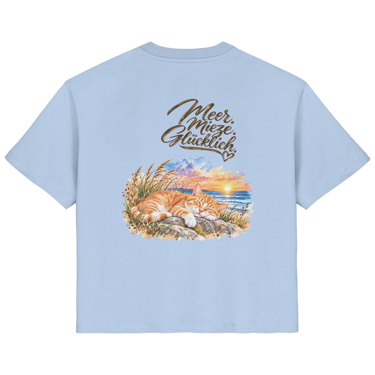 Damen Bio-T-Shirt in Blue Soul mit „Meer. Mieze. Glücklich.“ als Backprint – Rückansicht im Original-Mockup.