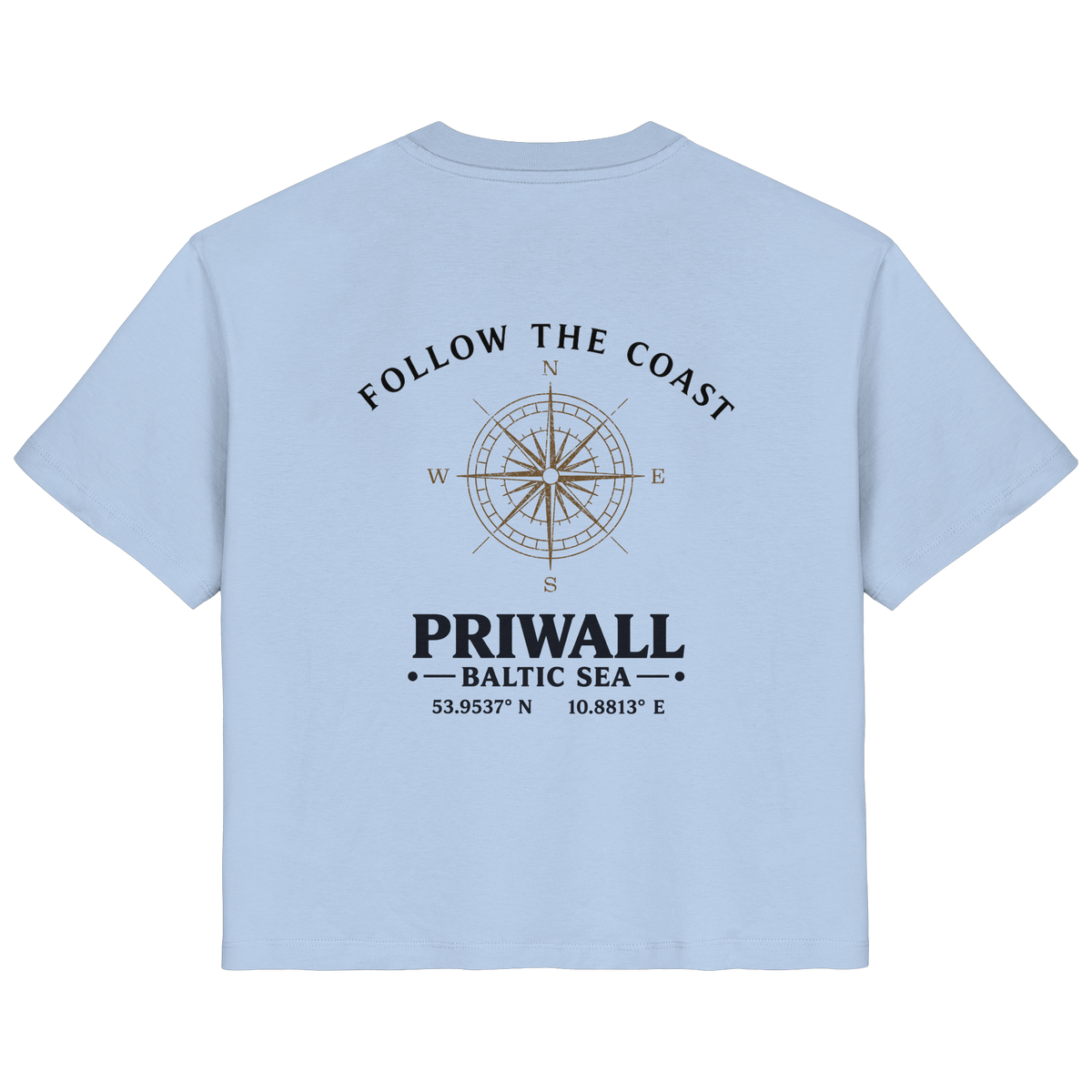 Rückansicht des Damen Bio T-Shirt in Blue Soul mit hellem Priwall Follow the Coast Backprint