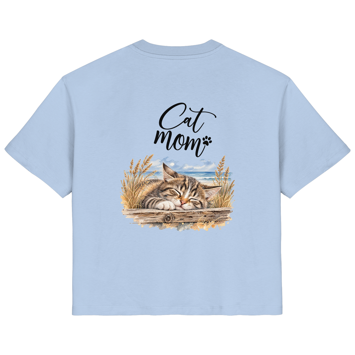 Cat Mom Damen Bio-T-Shirt in Blue Soul – Original-Mockup mit Katzen-Küstenmotiv und Schriftzug als Rückenprint.