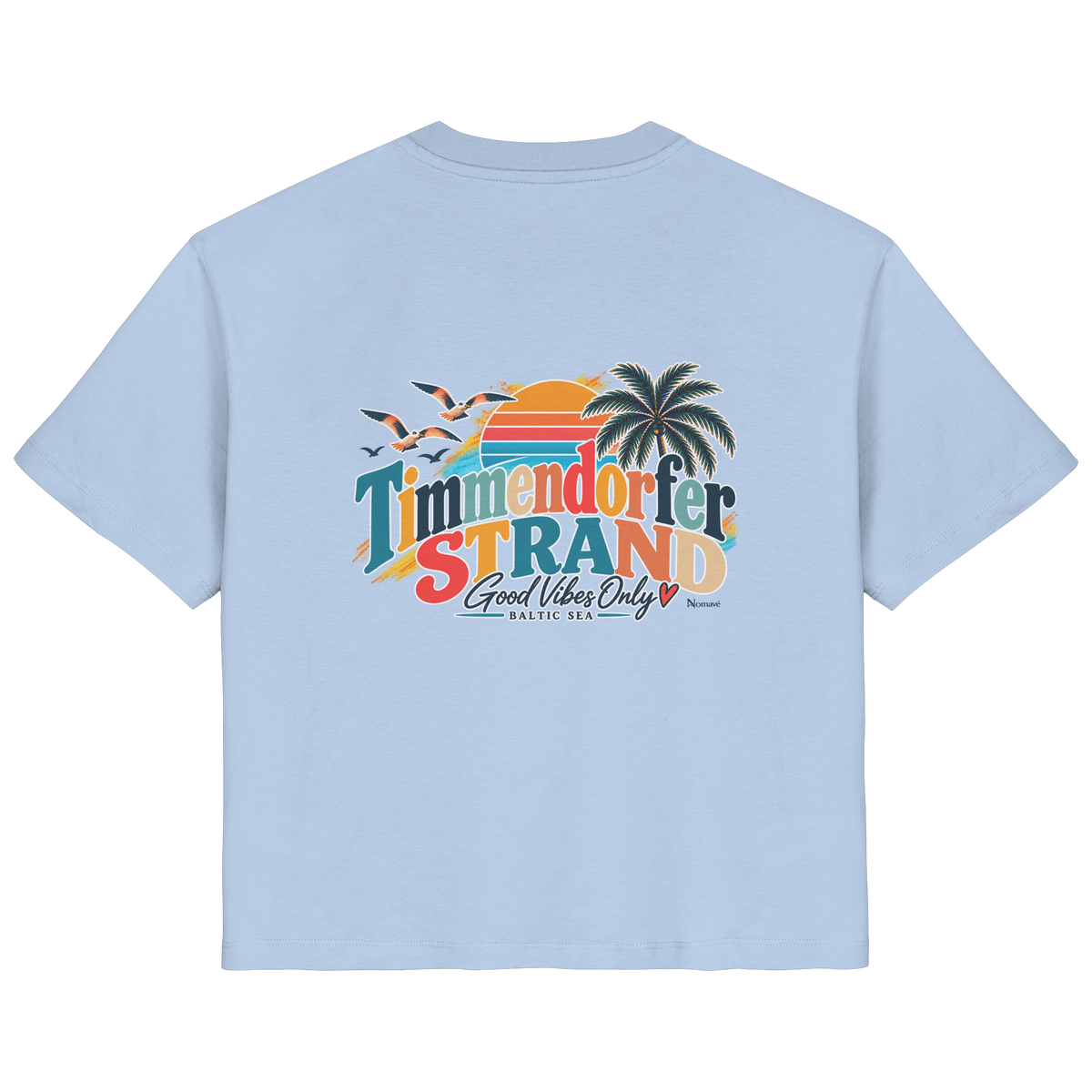 Damen-Bio-T-Shirt in Blue Soul, Rückansicht mit Timmendorfer-Strand-Good-Vibes-Only-Rückenprint.