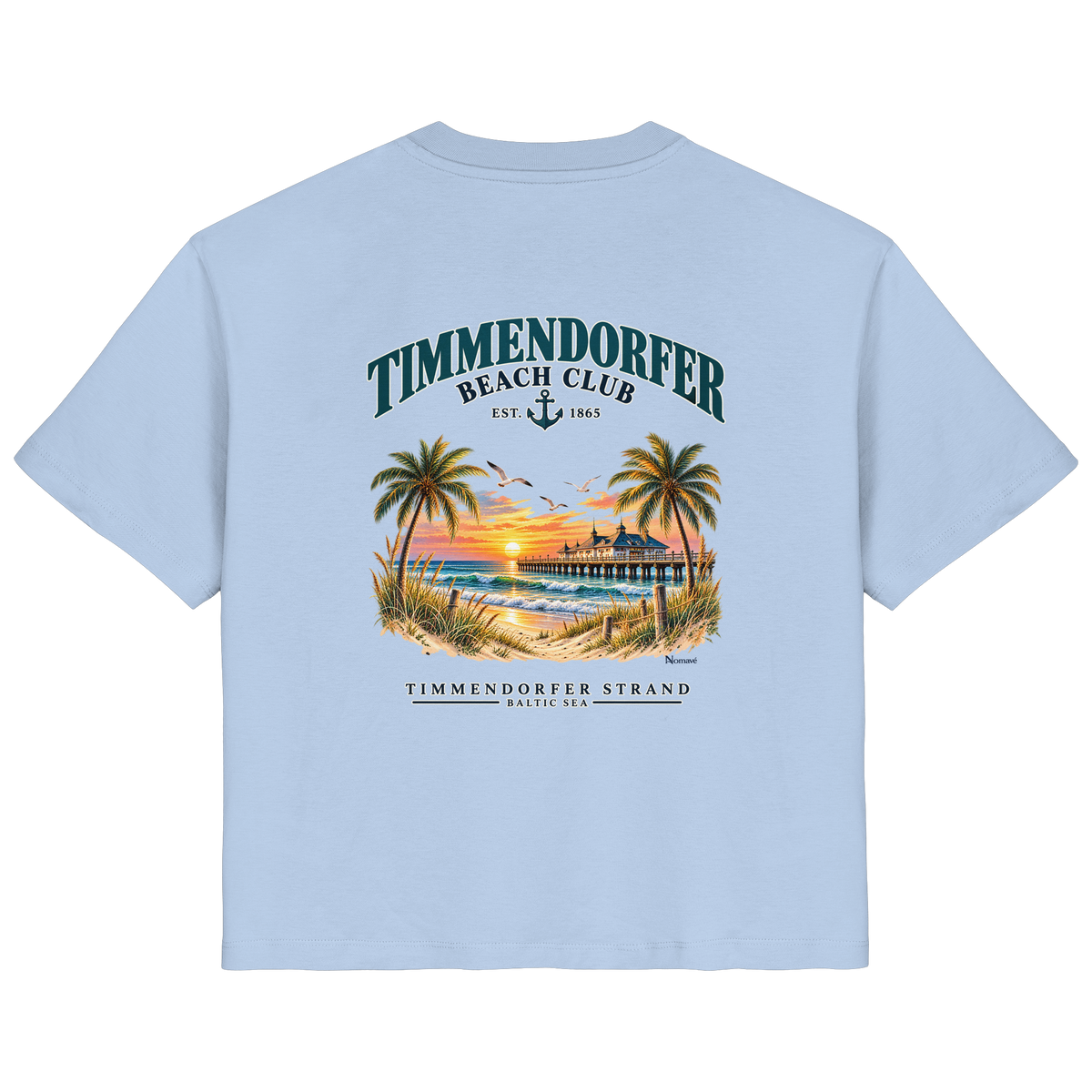 Original-/Katalogmockup: Damen Bio-T-Shirt in Blue Soul, Rückansicht mit Timmendorfer-Beach-Club-Rückendruck.
