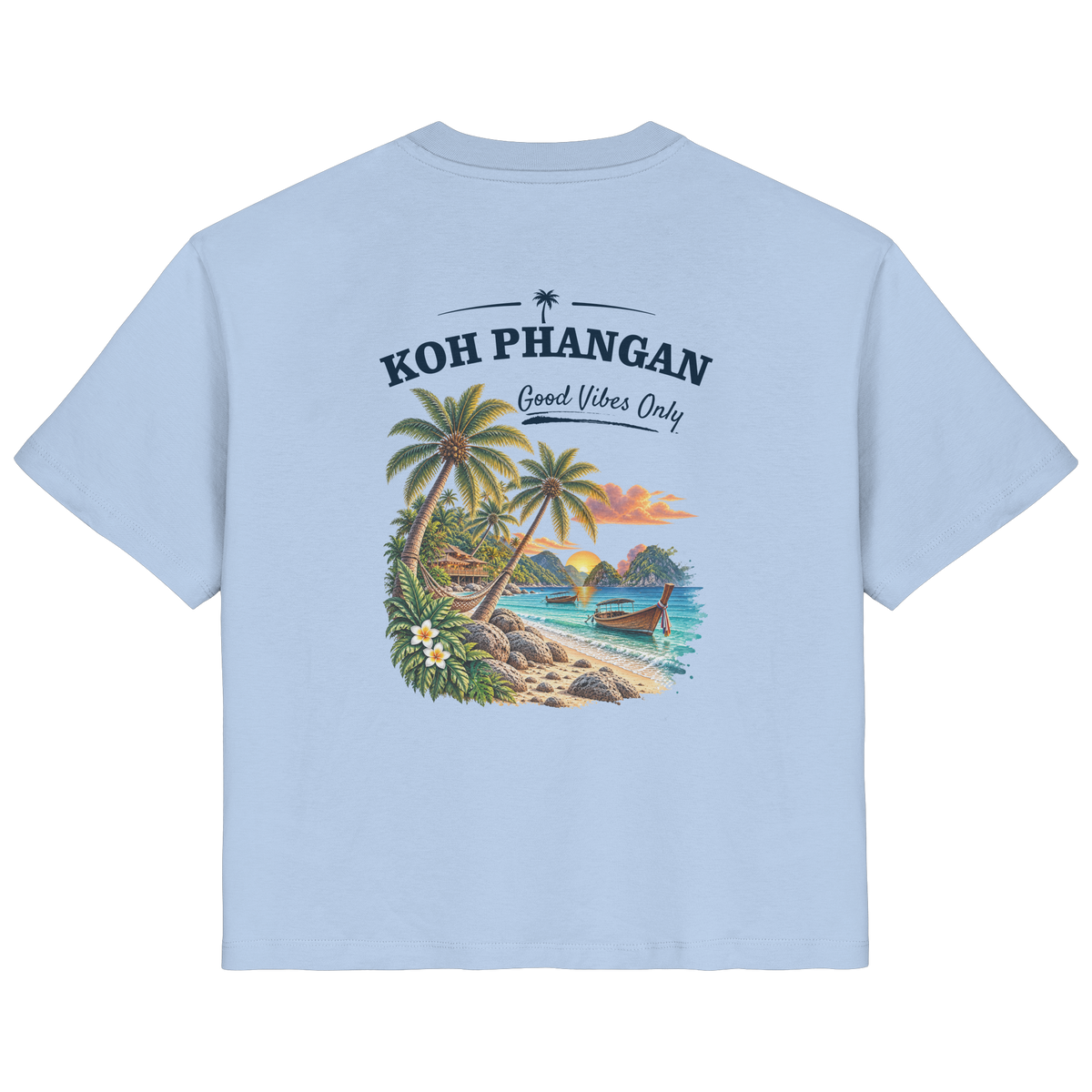 Koh Phangan Good Vibes Only – Damen Bio T-Shirt – Backprint – Original-Mockup ladies organic shirt blue soul mit Rückenmotiv