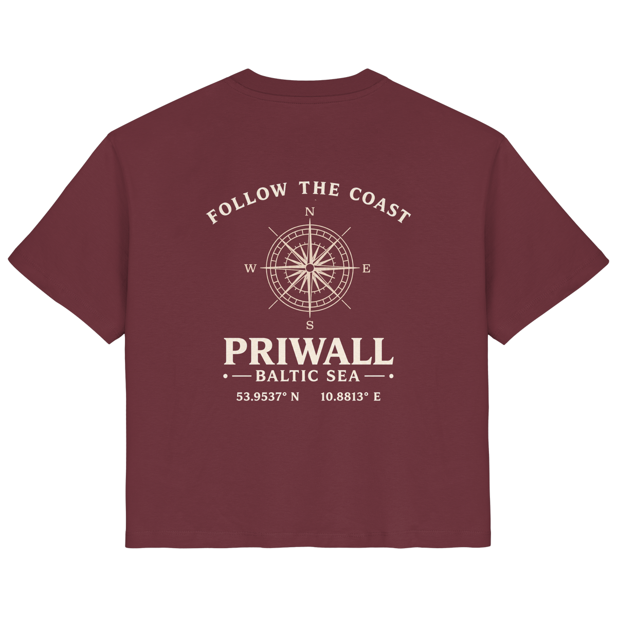 Rückansicht des Damen Bio T-Shirt in Burgundy mit dunklem Priwall Follow the Coast Backprint