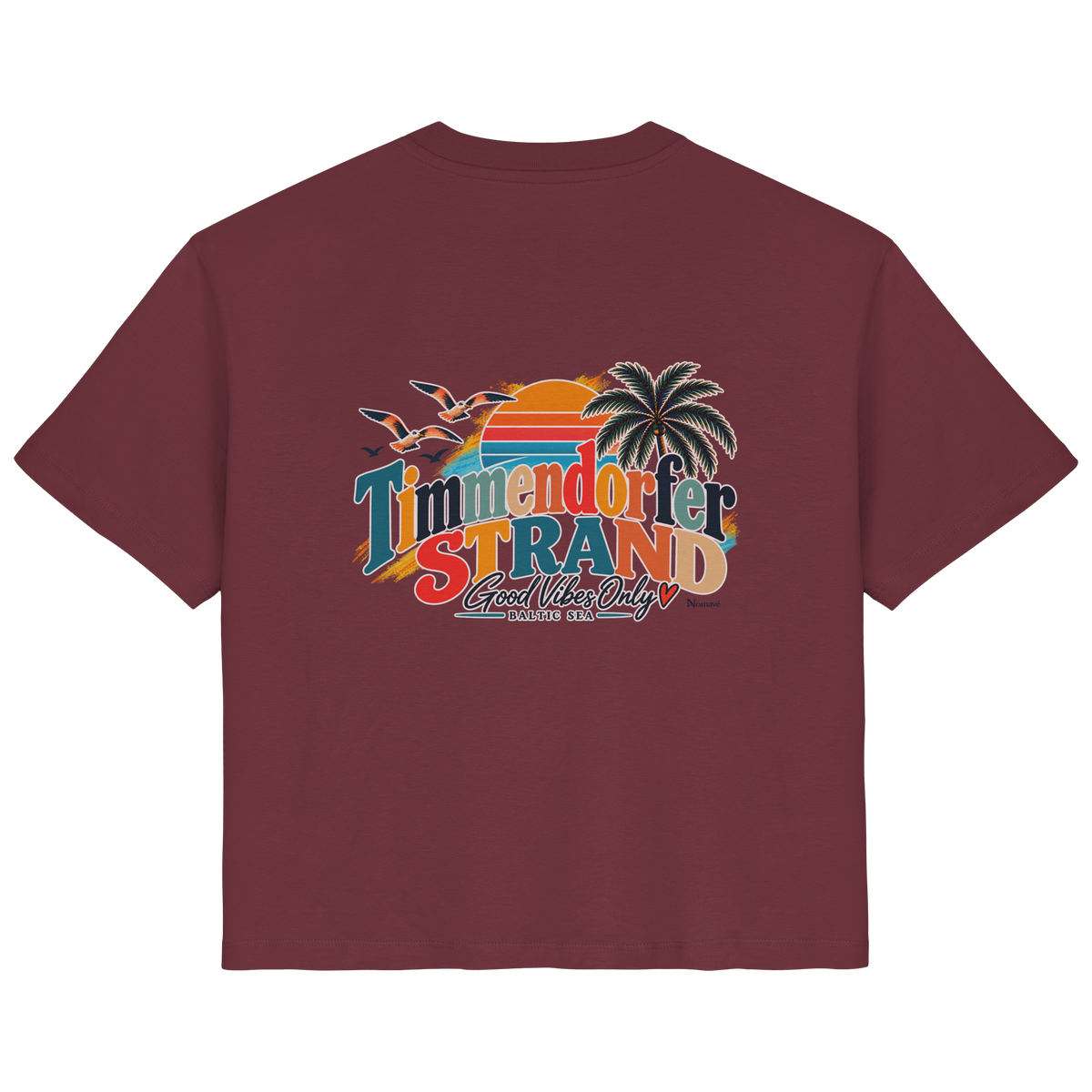 Damen-Bio-T-Shirt in Burgundy, Rückansicht mit Timmendorfer-Strand-Good-Vibes-Only-Rückenprint.