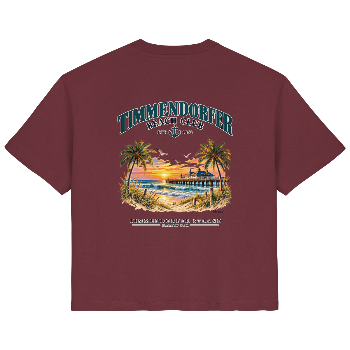 Original-/Katalogmockup: Damen Bio-T-Shirt in Burgundy, Rückansicht mit Timmendorfer-Beach-Club-Rückendruck.