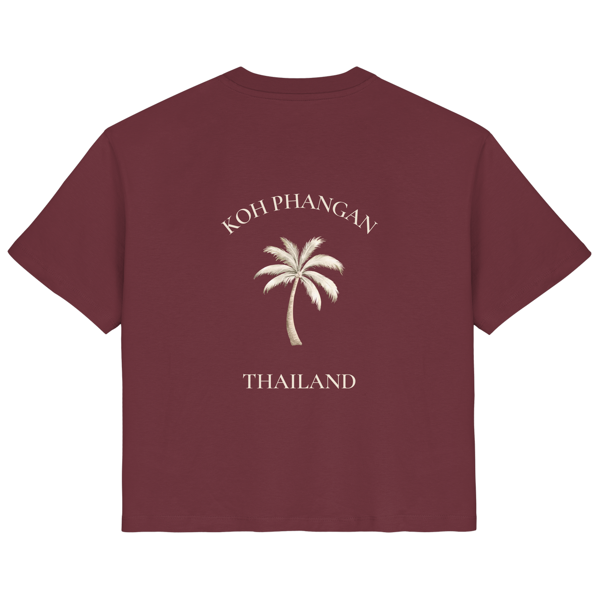Damen Bio T-Shirt in burgundy mit Koh Phangan Mini Palm Motiv als Backprint – Original-Mockup