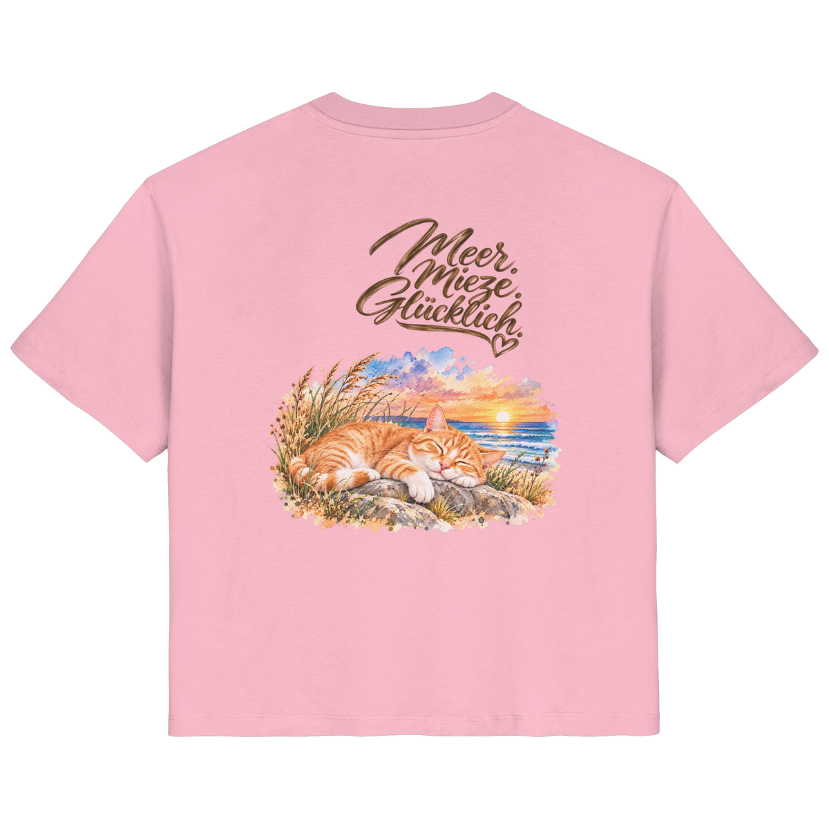 Damen Bio-T-Shirt in Cotton Pink mit „Meer. Mieze. Glücklich.“ als Backprint – Rückansicht im Original-Mockup.