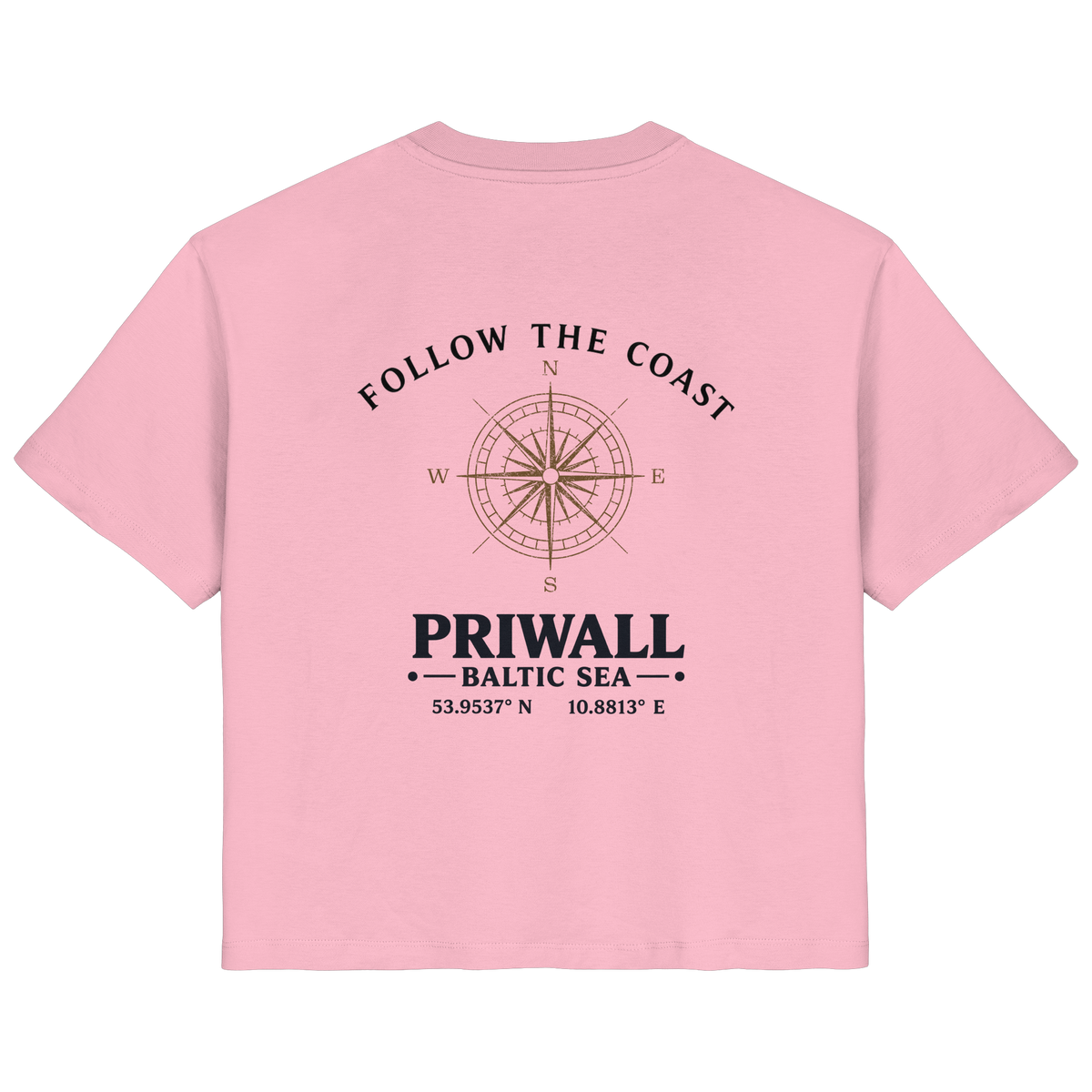 Rückansicht des Damen Bio T-Shirt in Cotton Pink mit hellem Priwall Follow the Coast Backprint