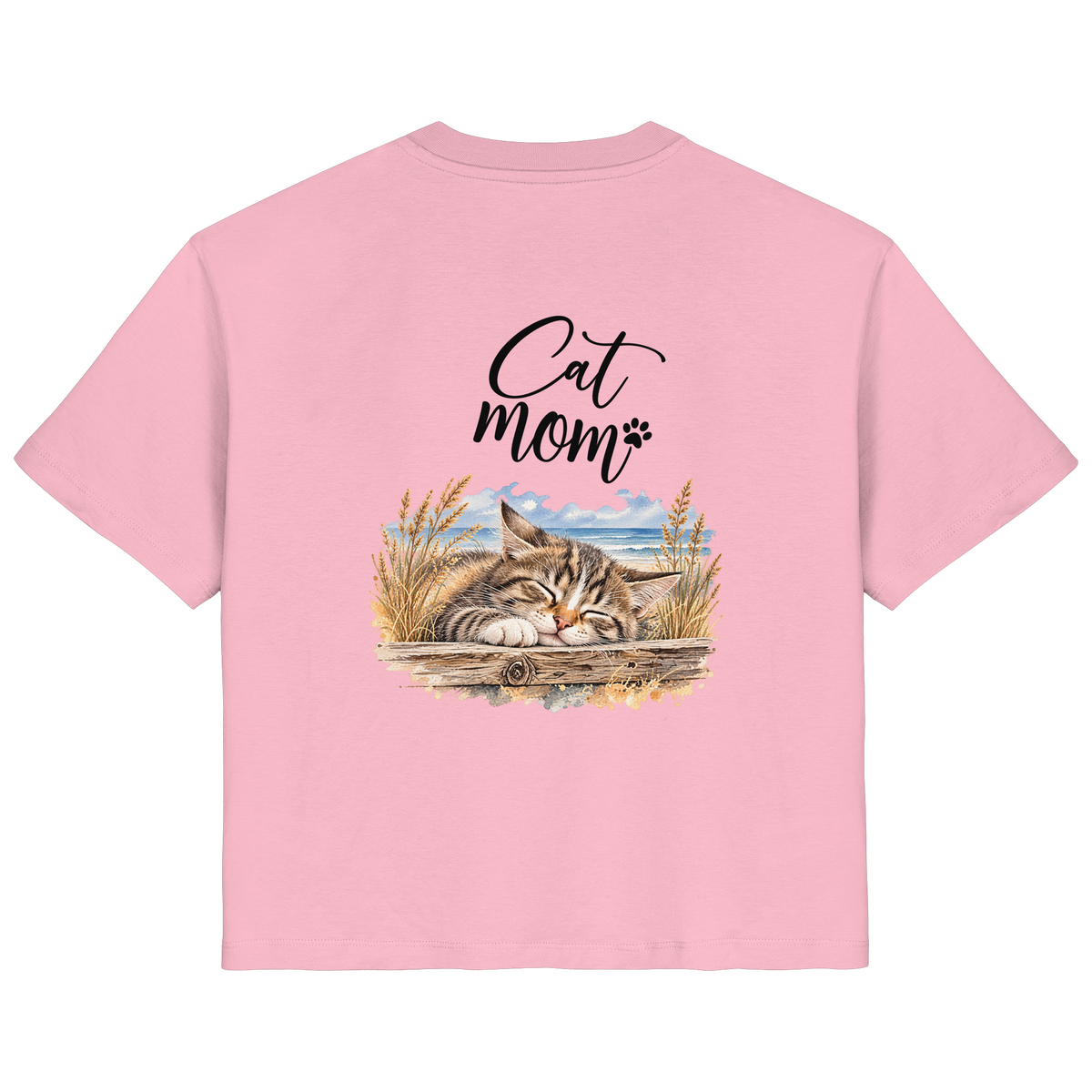 Cat Mom Damen Bio-T-Shirt in Cotton Pink – Original-Mockup mit Katzen-Küstenmotiv und Schriftzug als Rückenprint.