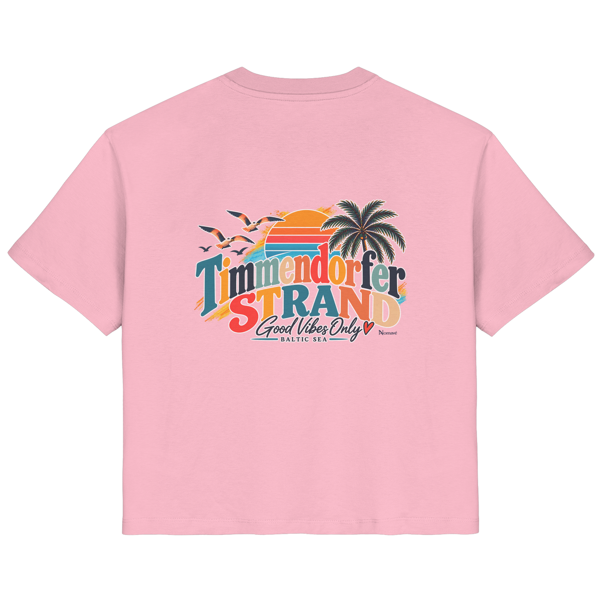 Damen-Bio-T-Shirt in Cotton Pink, Rückansicht mit Timmendorfer-Strand-Good-Vibes-Only-Rückenprint.