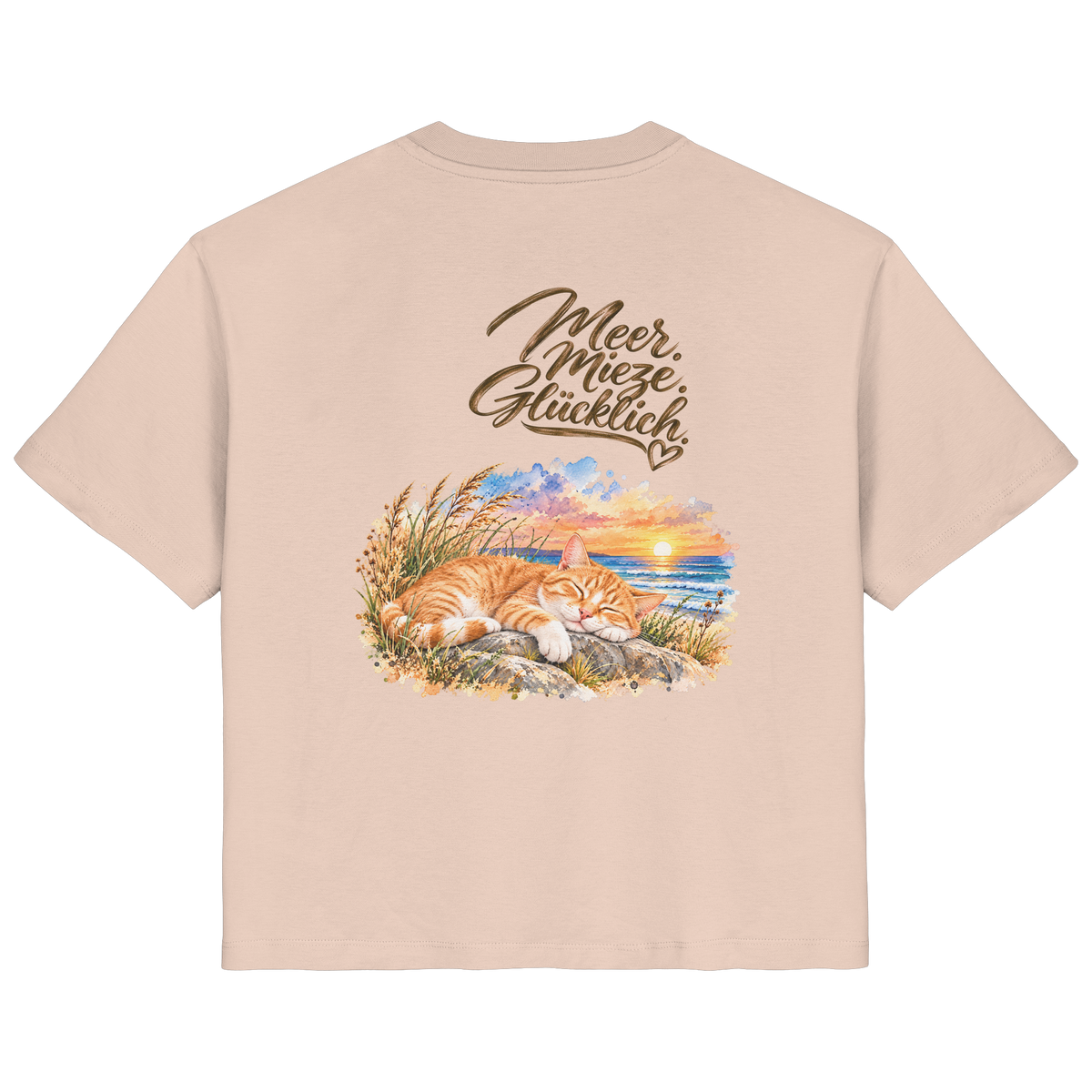 Damen Bio-T-Shirt in Fraiche Peche mit „Meer. Mieze. Glücklich.“ als Backprint – Rückansicht im Original-Mockup.