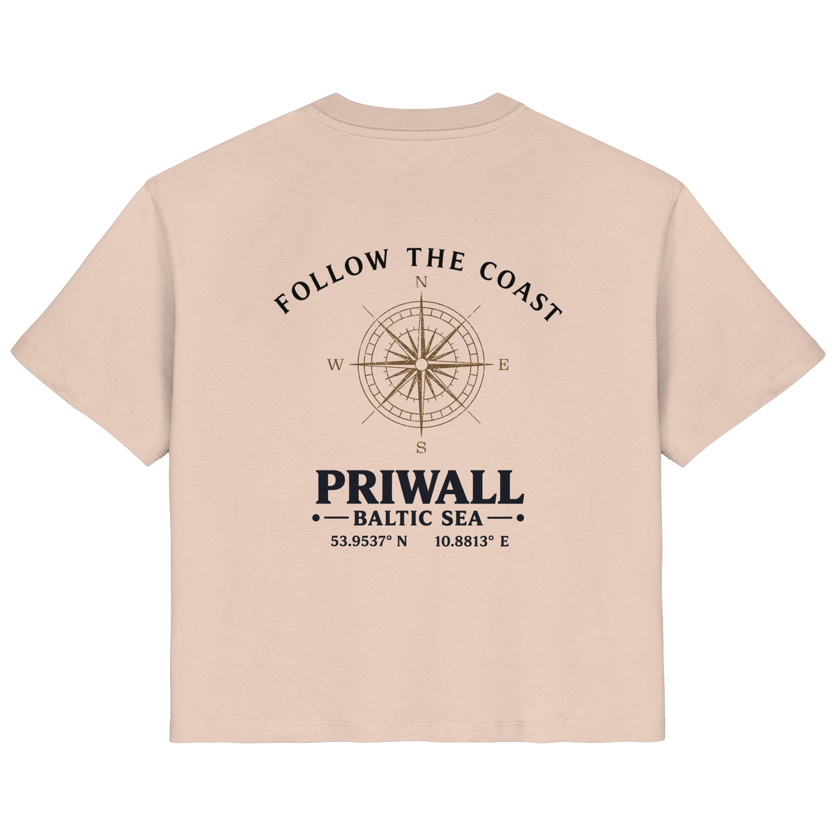 Rückansicht des Damen Bio T-Shirt in Fraiche Peche mit hellem Priwall Follow the Coast Backprint