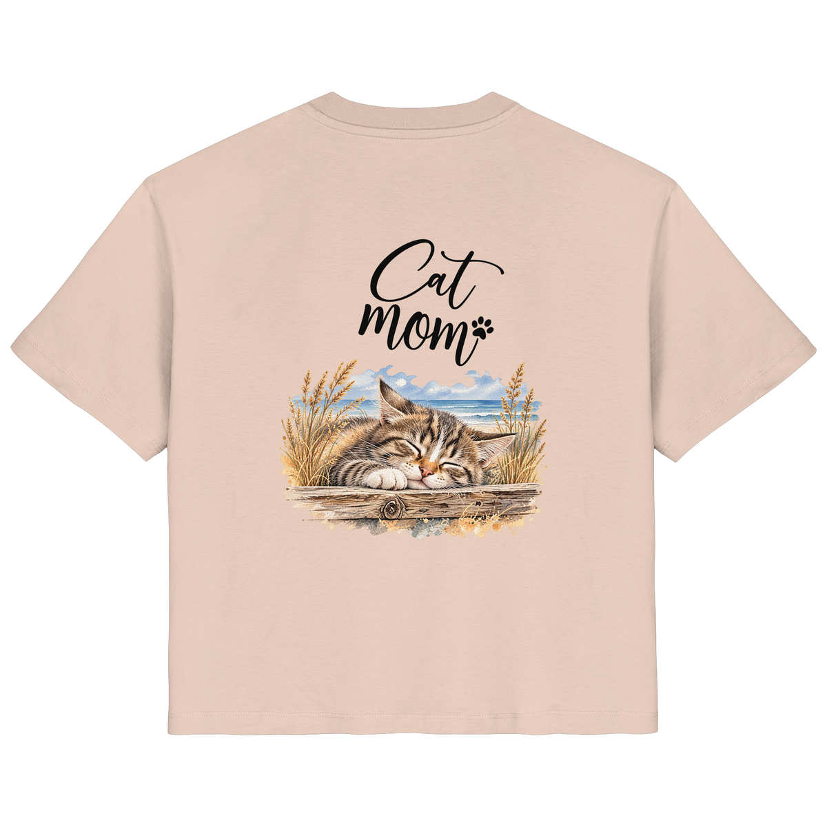 Cat Mom Damen Bio-T-Shirt in Fraiche Peche – Original-Mockup mit Katzen-Küstenmotiv und Schriftzug als Rückenprint.