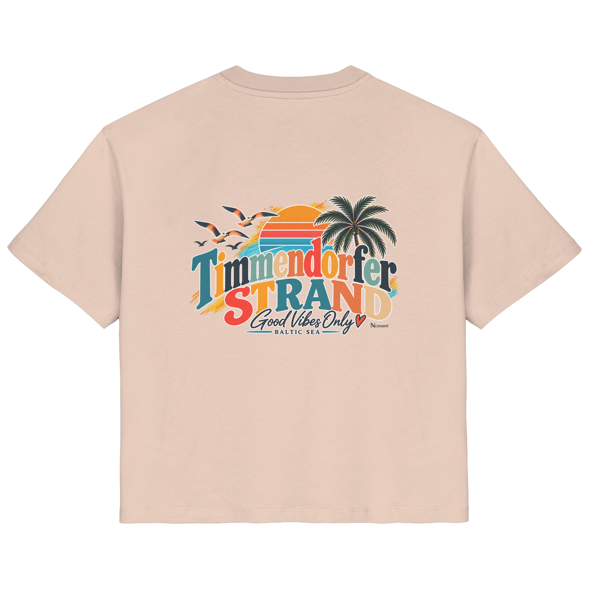 Damen-Bio-T-Shirt in Fraiche Peche, Rückansicht mit Timmendorfer-Strand-Good-Vibes-Only-Rückenprint.