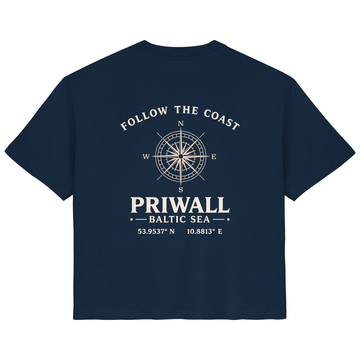 Rückansicht des Damen Bio T-Shirt in French Navy mit dunklem Priwall Follow the Coast Backprint