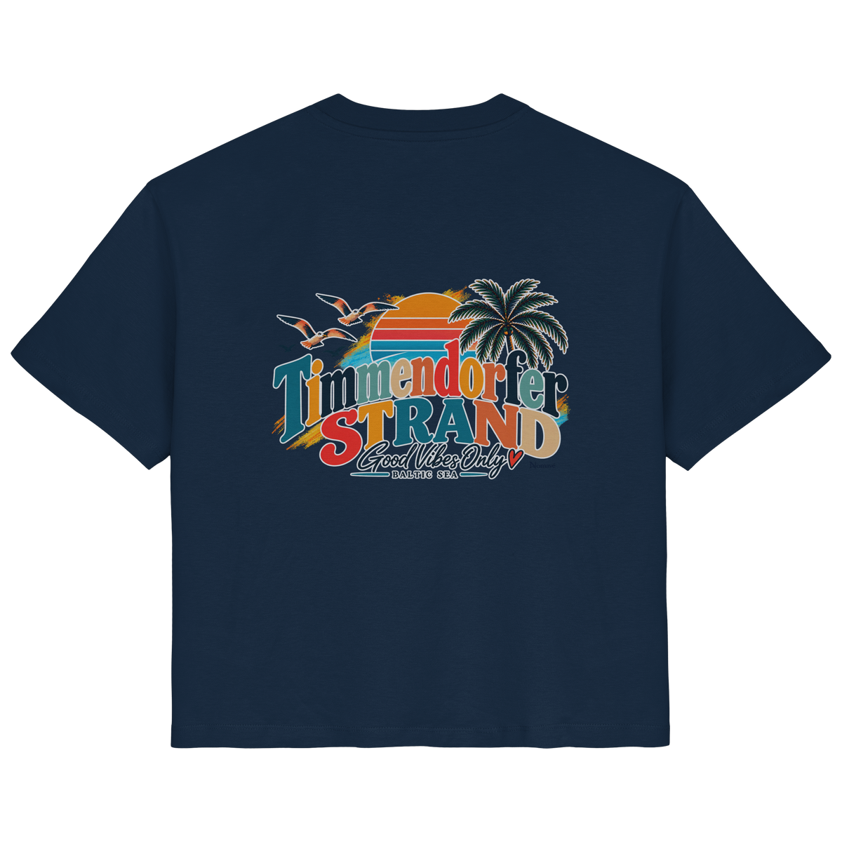 Damen-Bio-T-Shirt in French Navy, Rückansicht mit Timmendorfer-Strand-Good-Vibes-Only-Rückenprint.