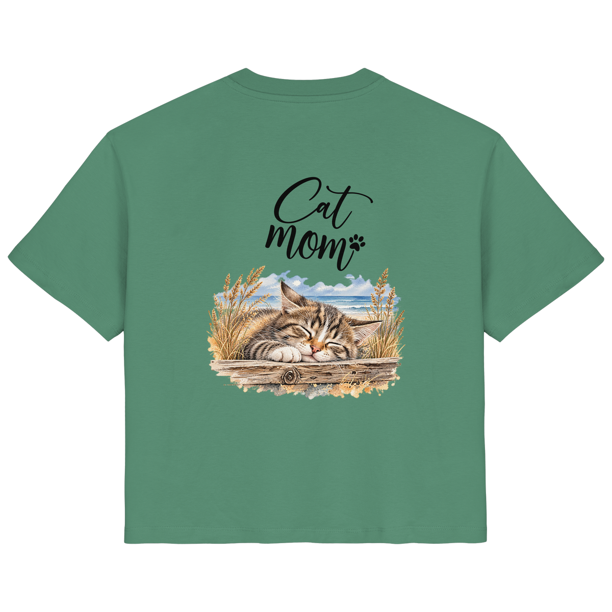 Cat Mom Damen Bio-T-Shirt in Green Bay – Original-Mockup mit Katzen-Küstenmotiv und Schriftzug als Rückenprint.