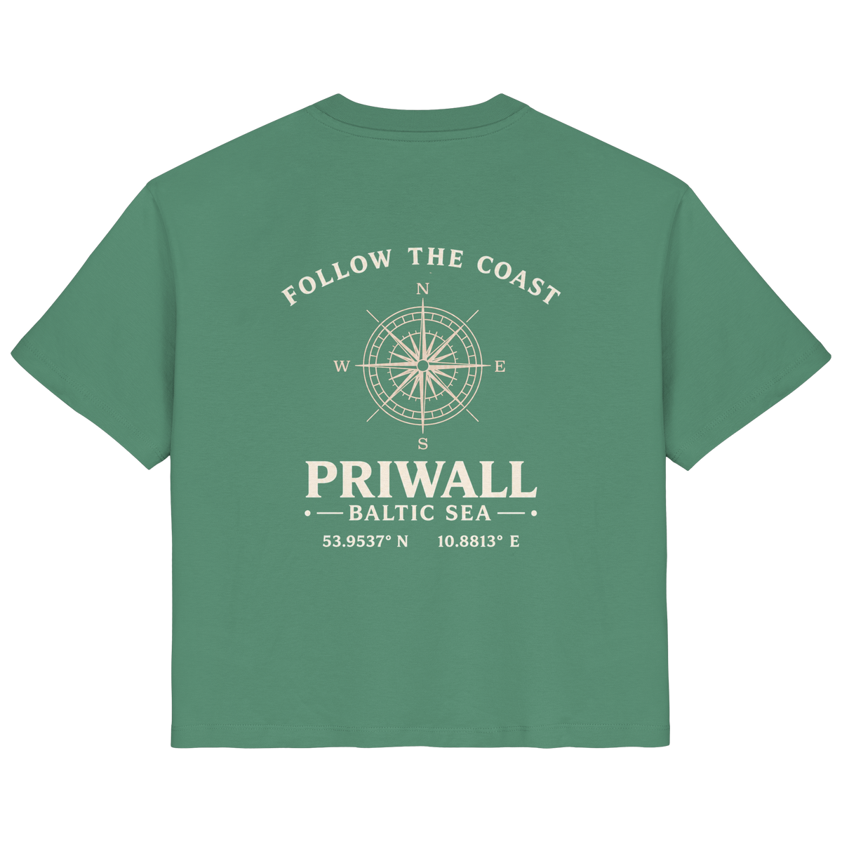 Rückansicht des Damen Bio T-Shirt in Green Bay mit dunklem Priwall Follow the Coast Backprint