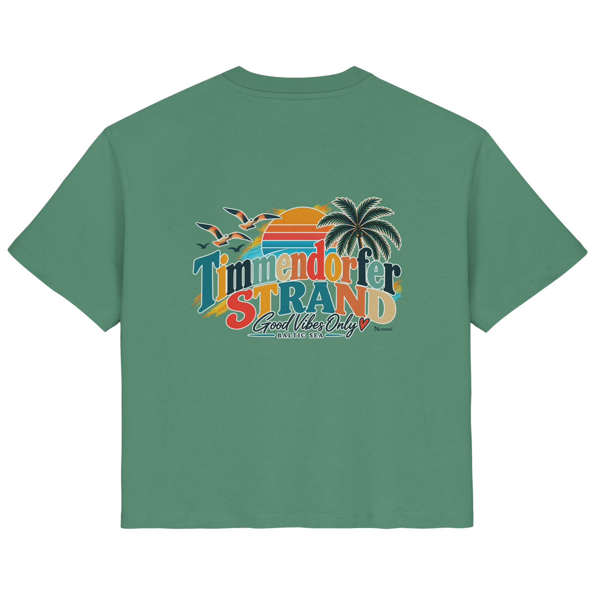 Damen-Bio-T-Shirt in Green Bay, Rückansicht mit Timmendorfer-Strand-Good-Vibes-Only-Rückenprint.