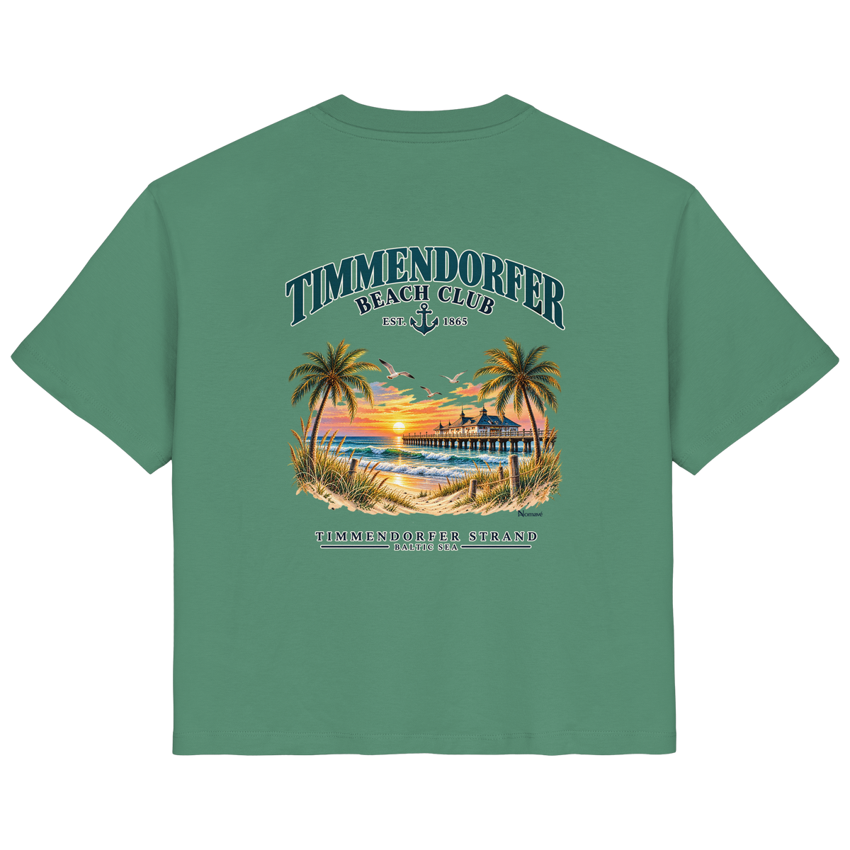 Original-/Katalogmockup: Damen Bio-T-Shirt in Green Bay, Rückansicht mit Timmendorfer-Beach-Club-Rückendruck.