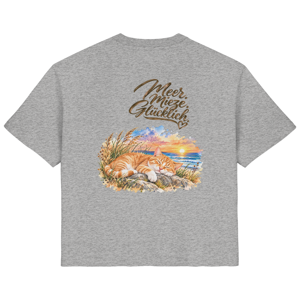 Damen Bio-T-Shirt in Heather Grey mit „Meer. Mieze. Glücklich.“ als Backprint – Rückansicht im Original-Mockup.